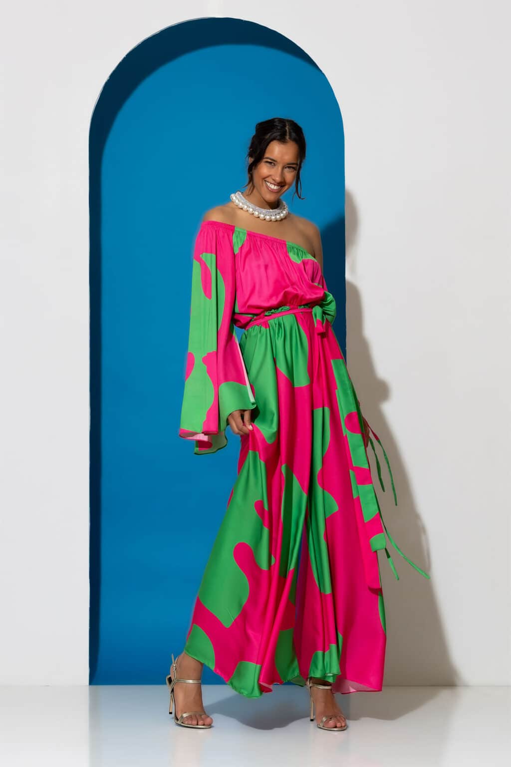 One shoulder satin print wide leg jumpsuit