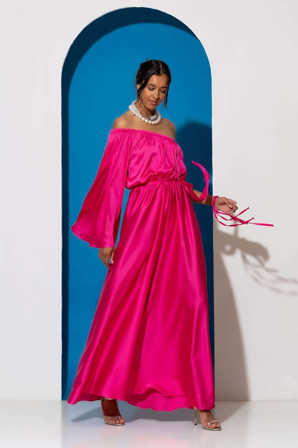 One shoulder satin wide leg jumpsuit