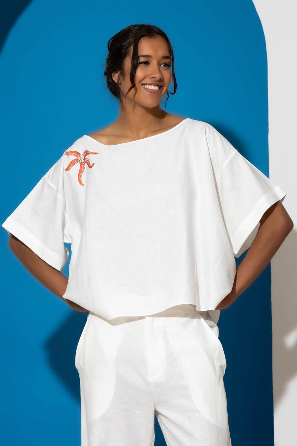 Starfish embroidered linen blouse