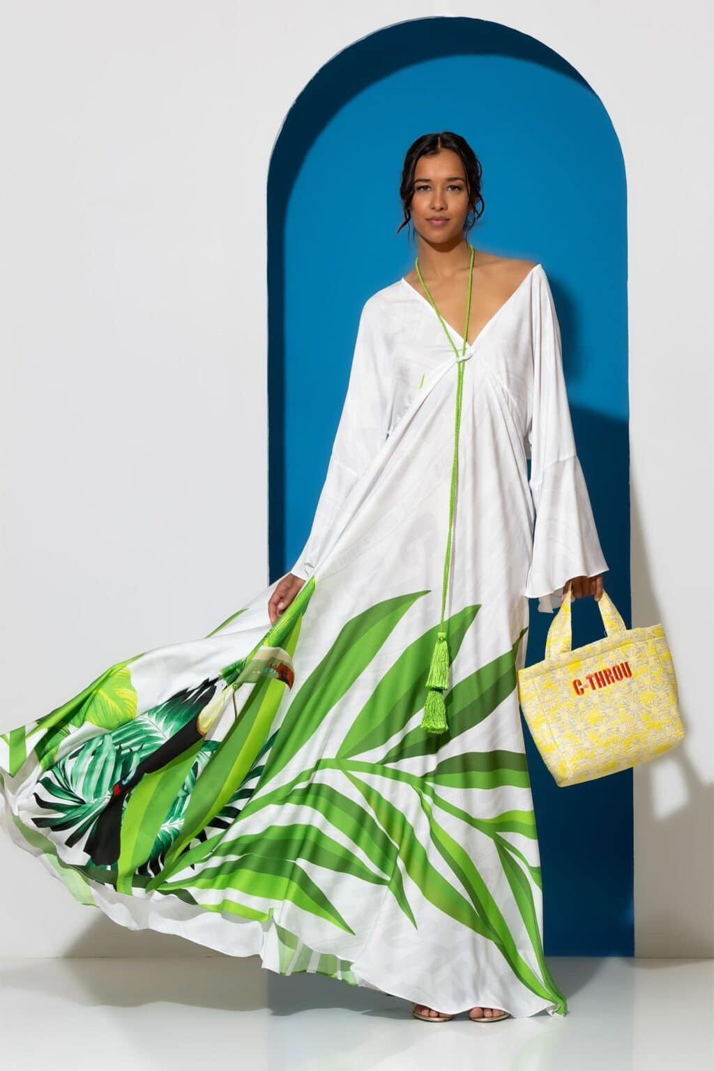 Tucan satin print maxi dress