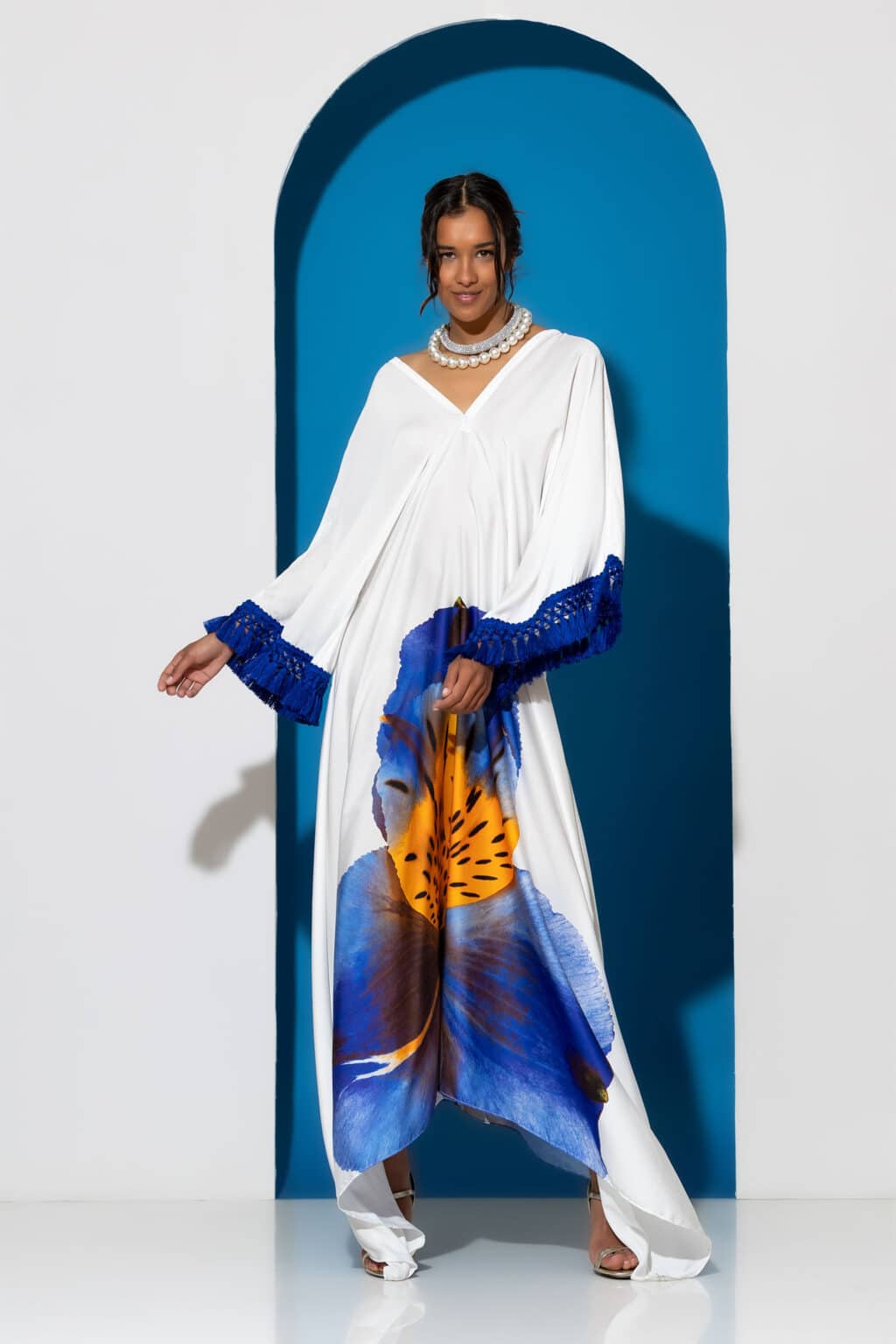 Fringed maxi satin print kaftan dress