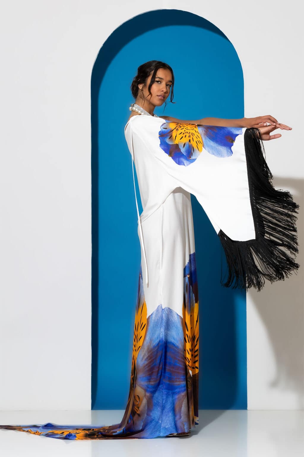 One shoulder maxi chiffon print fringed dress