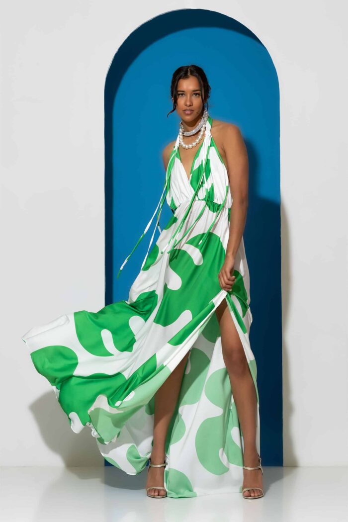 Monroe maxi satin print halterneck dress