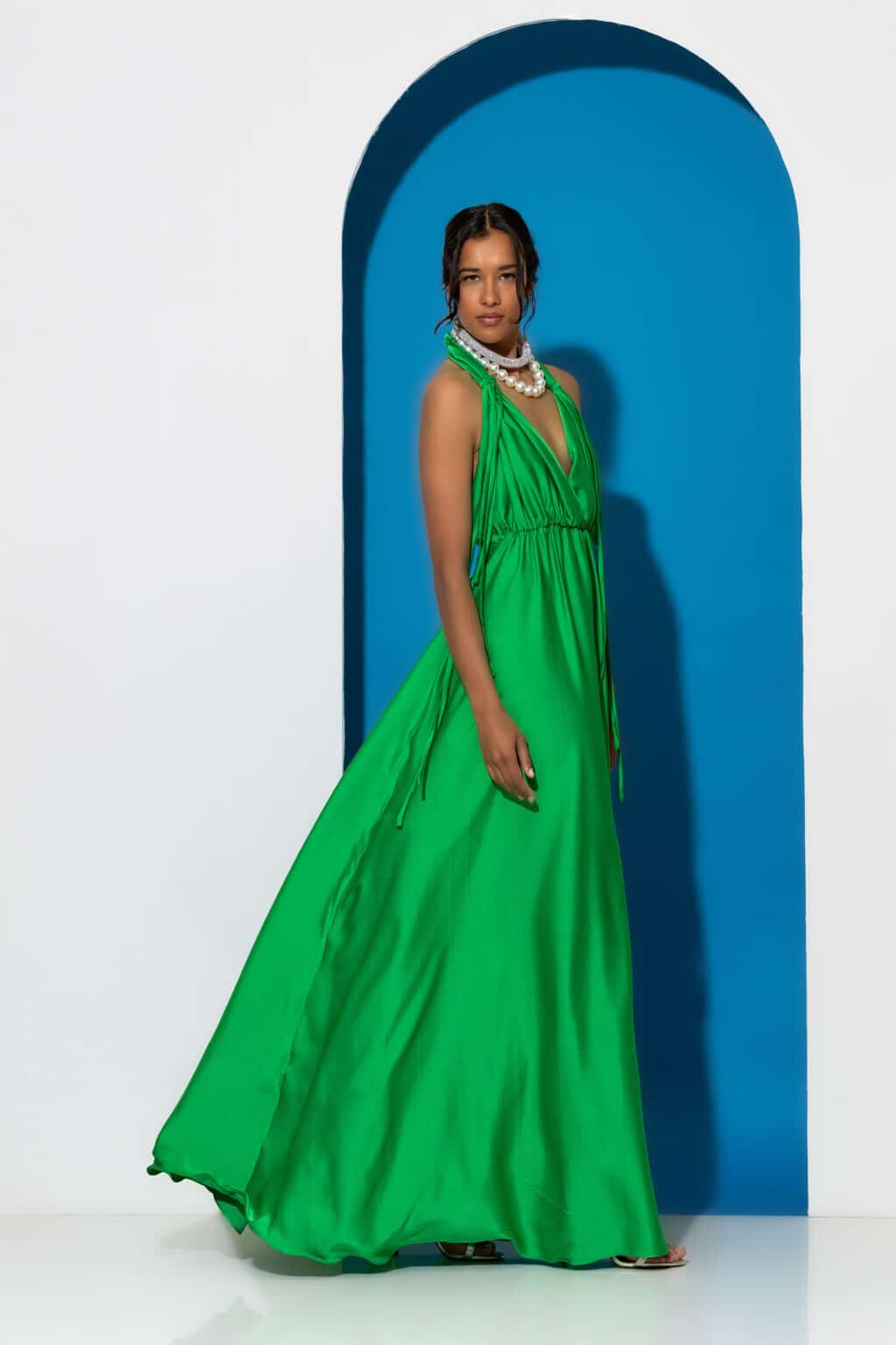 Monroe maxi satin halterneck dress