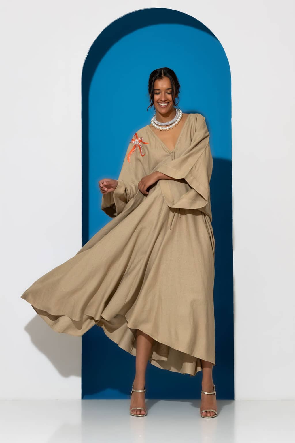 Starfish embroidered open back kaftan dress