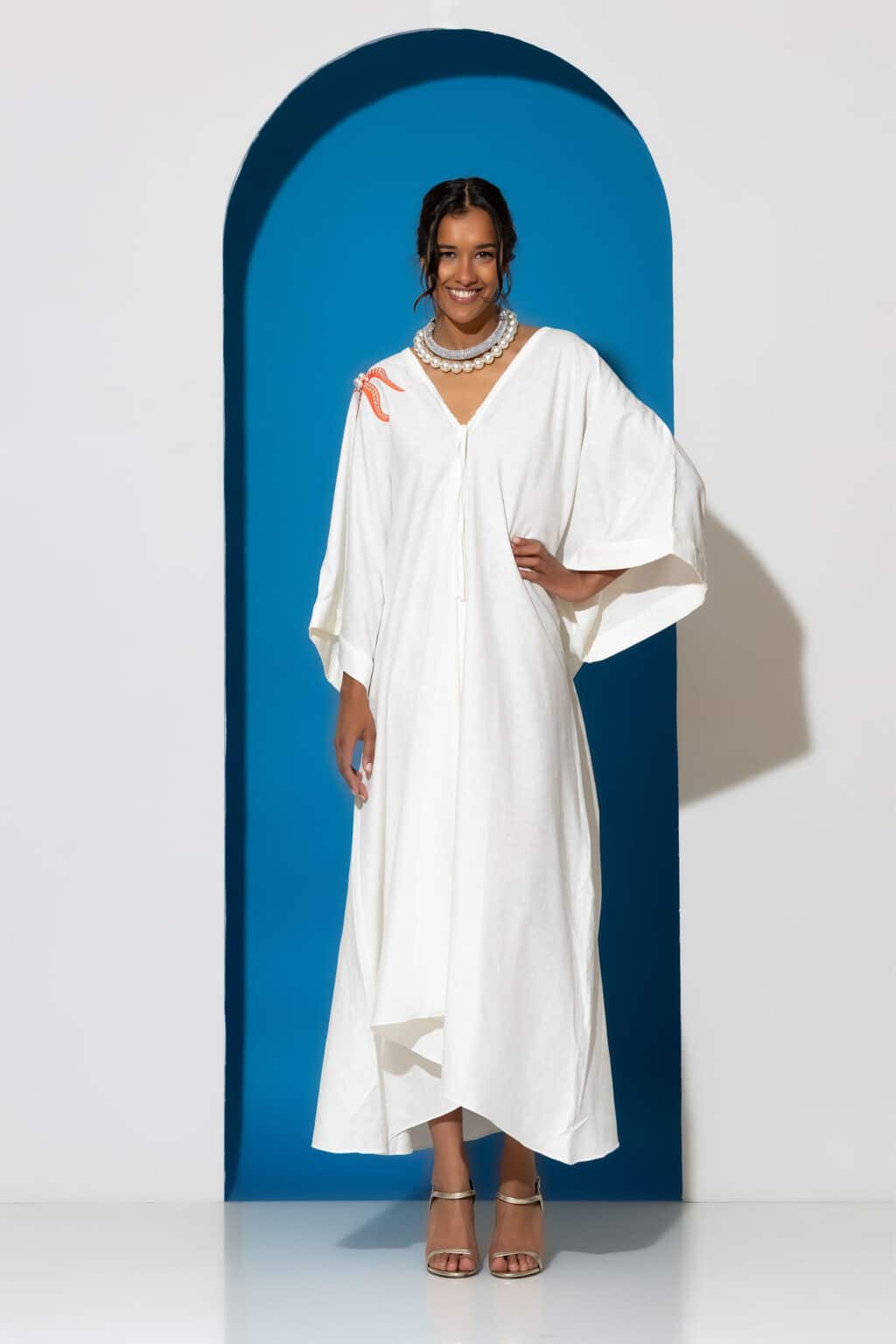 Starfish embroidered open back kaftan dress