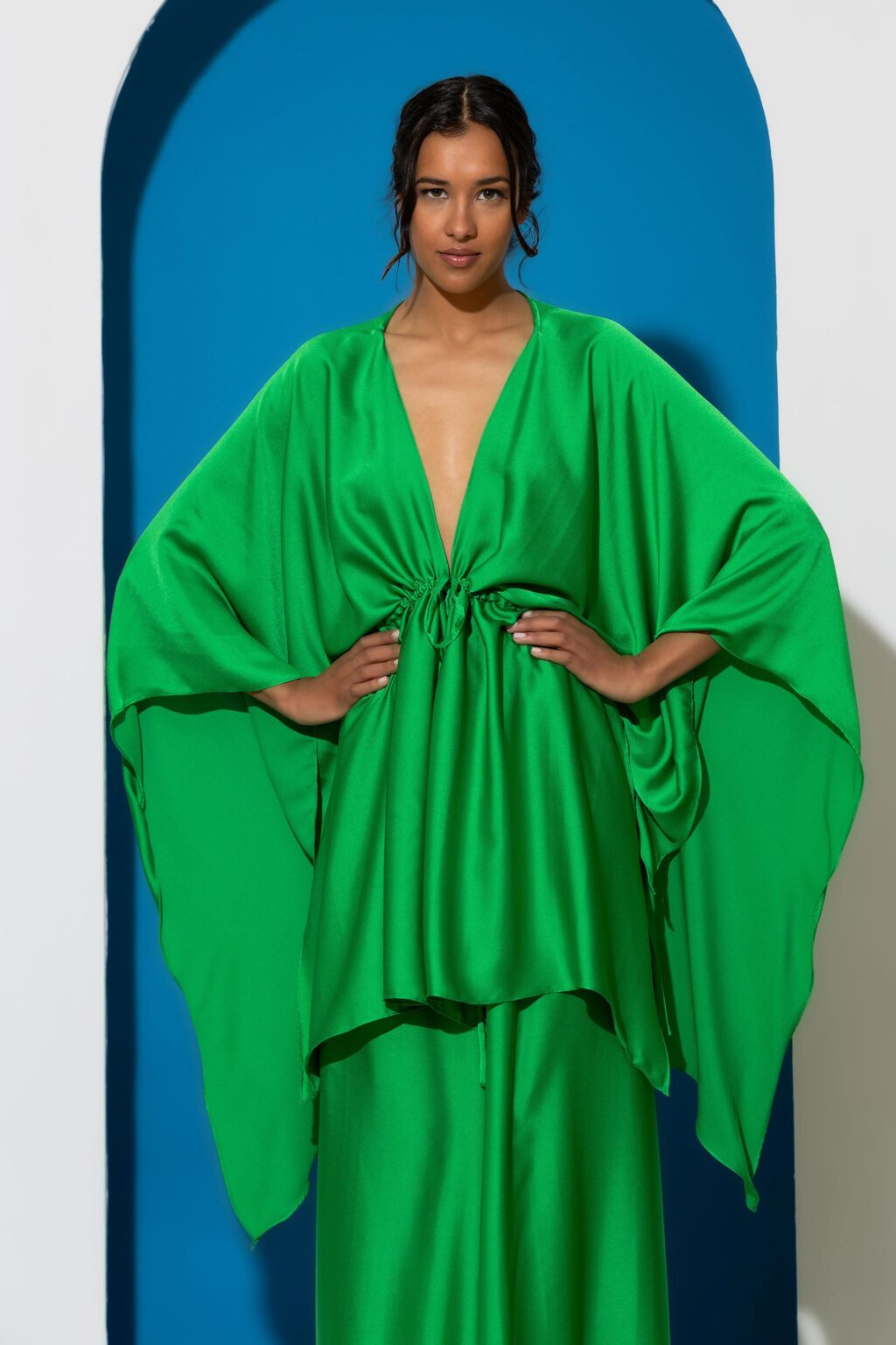 Tie front satin tunic with wide sleeves