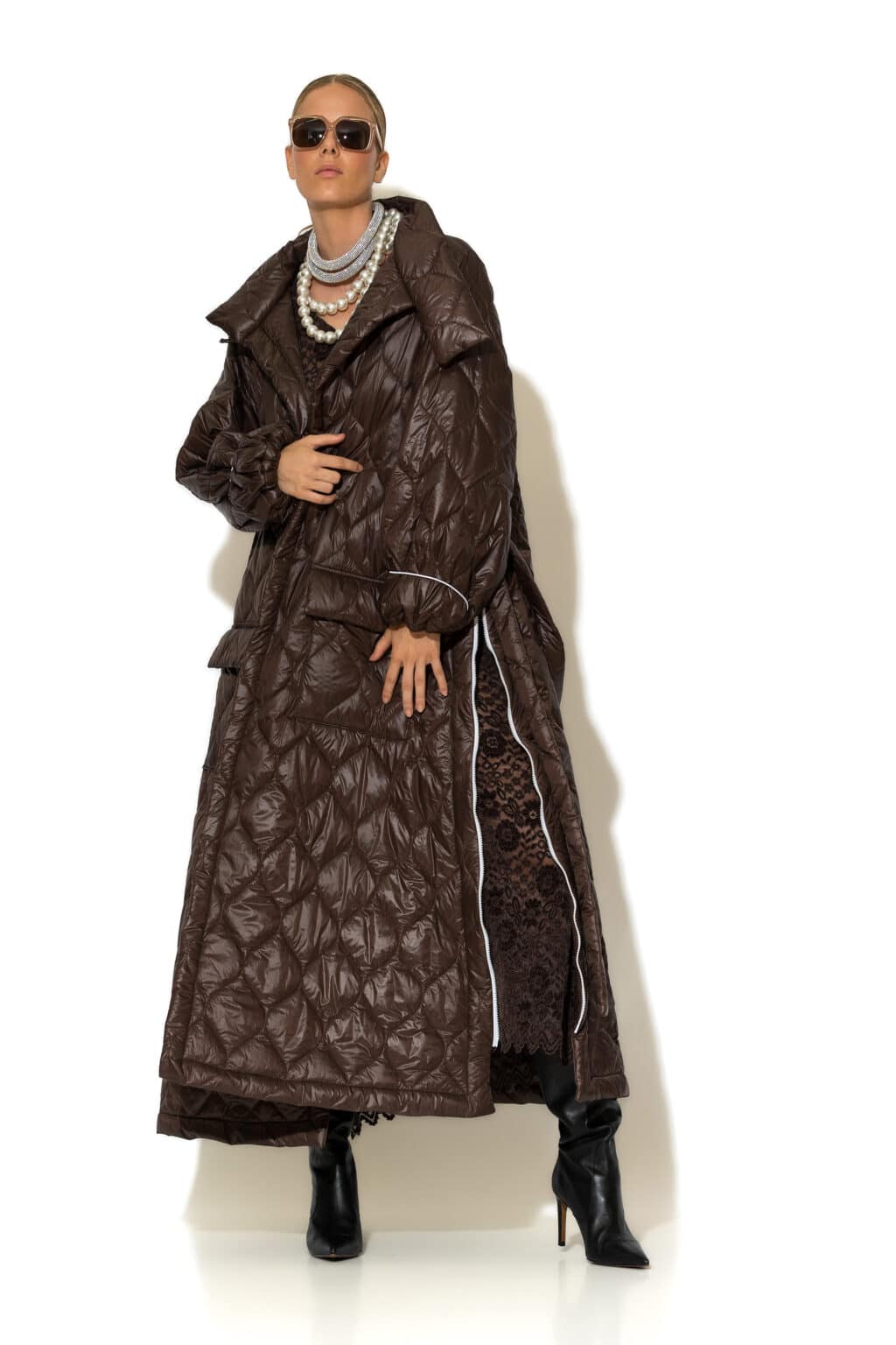 Brown maxi puffer coat side zippers