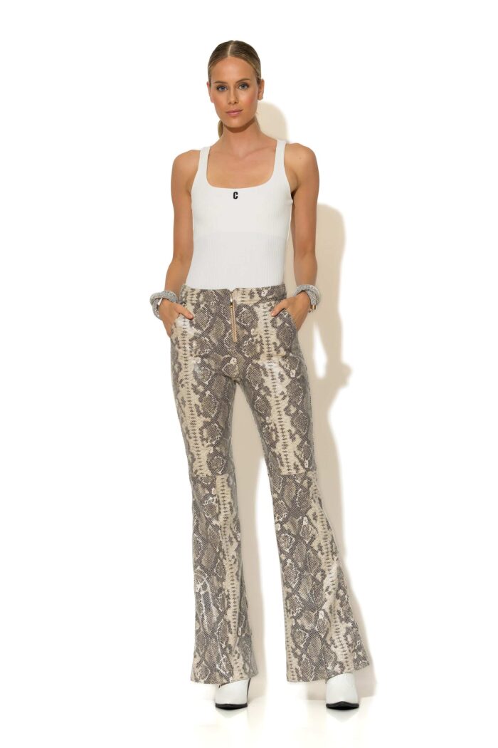 Snake print faux leather flared pants