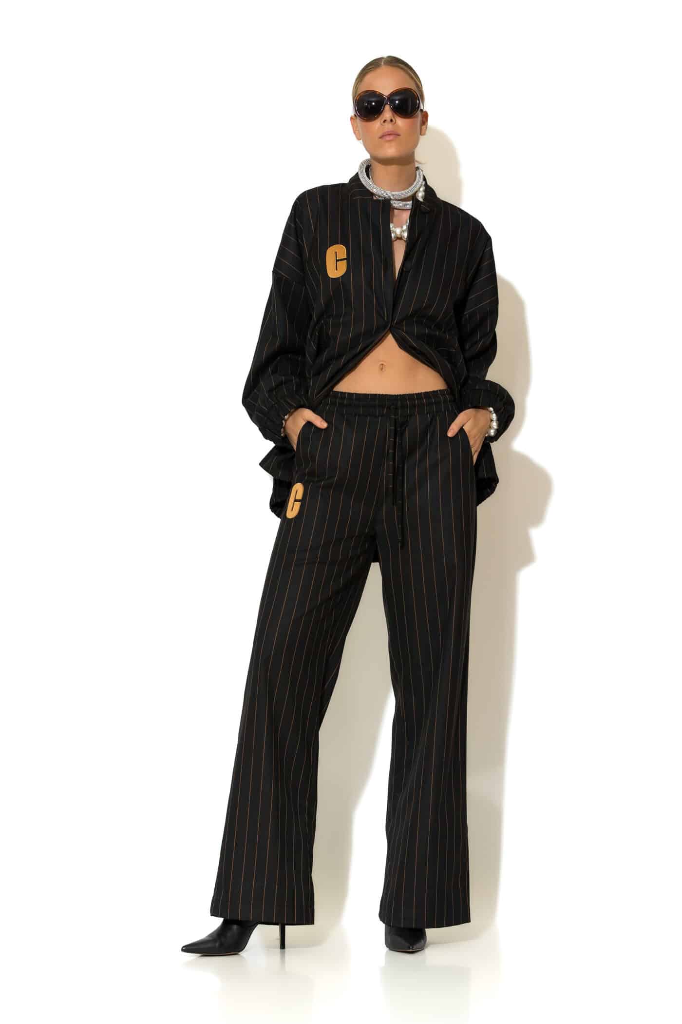 Woven Striped Wide Leg Pants with Signature -C- Logo