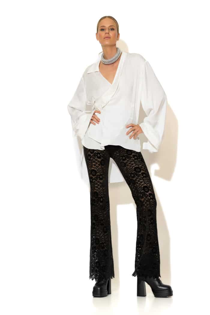 Black Flocked Sheer Lace Bell-Bottom Leggings