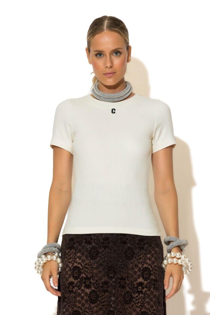 Logo embroidered ribbed-knit Blouse with Back Zip Closure