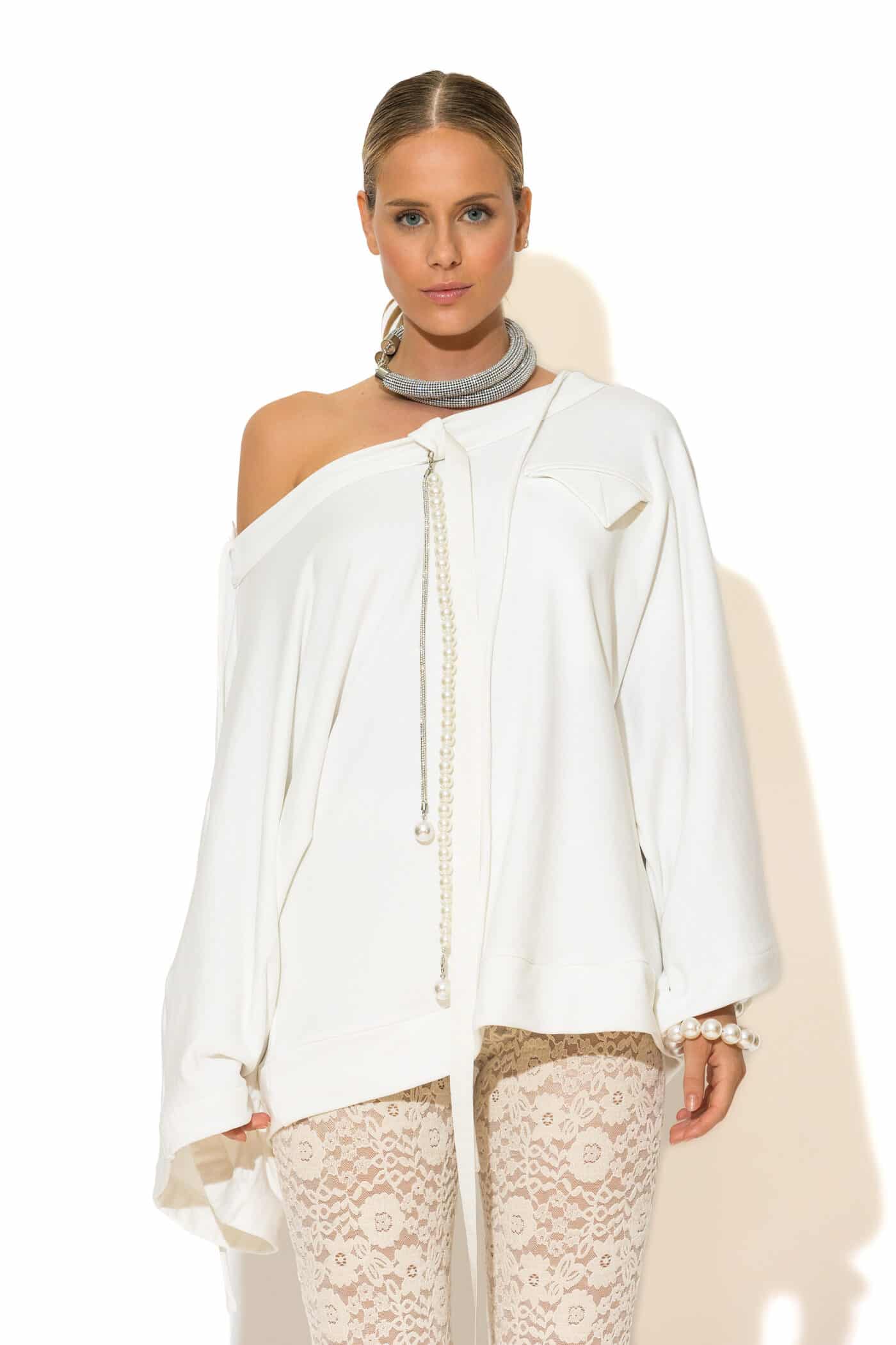 French Terry Cotton Blouse with Decorative Neck Pearls & Crystals
