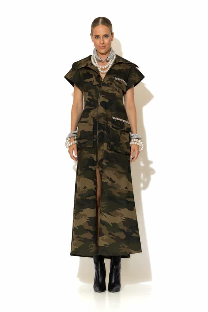 Maxi Crystal-Embellished Camo Cargo Dress