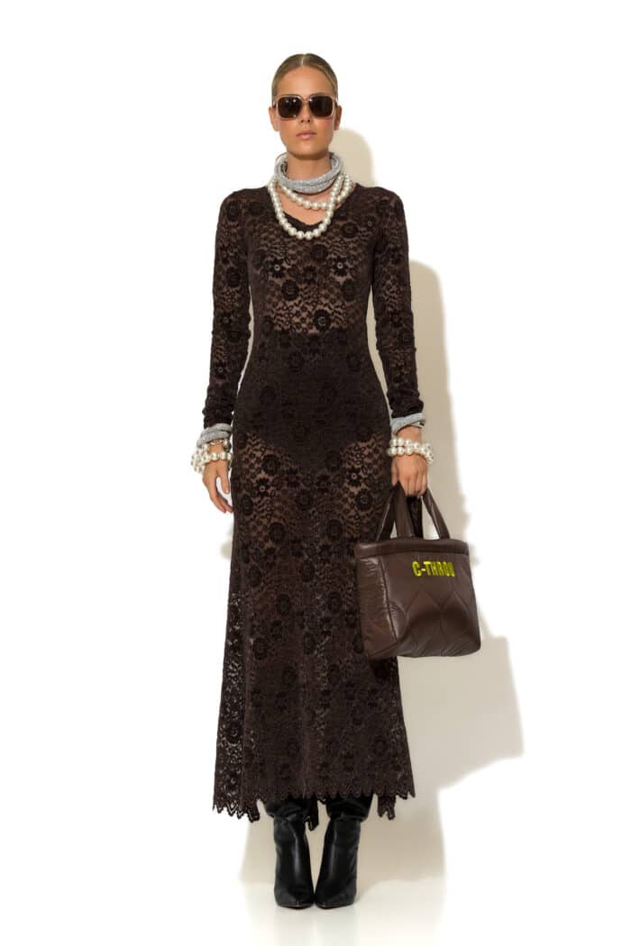Flocked Sheer Lace Maxi Dress