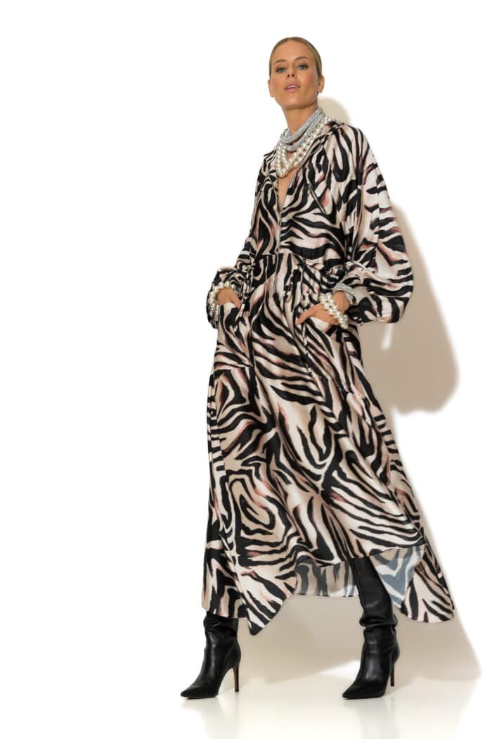 Multi-Pocket Satin Print Statement High-Low Dress