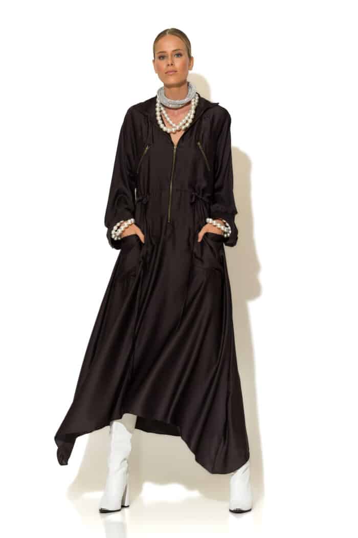 Multi-Pocket Satin Statement High-Low Dress