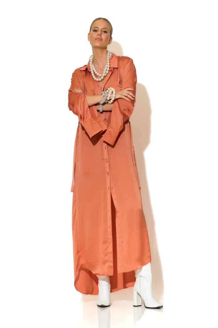 Satin Belted Oversized Maxi Shirt Dress