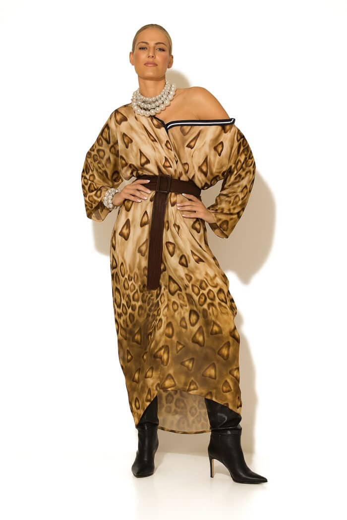 Backless animal-print satin dress with striped accents