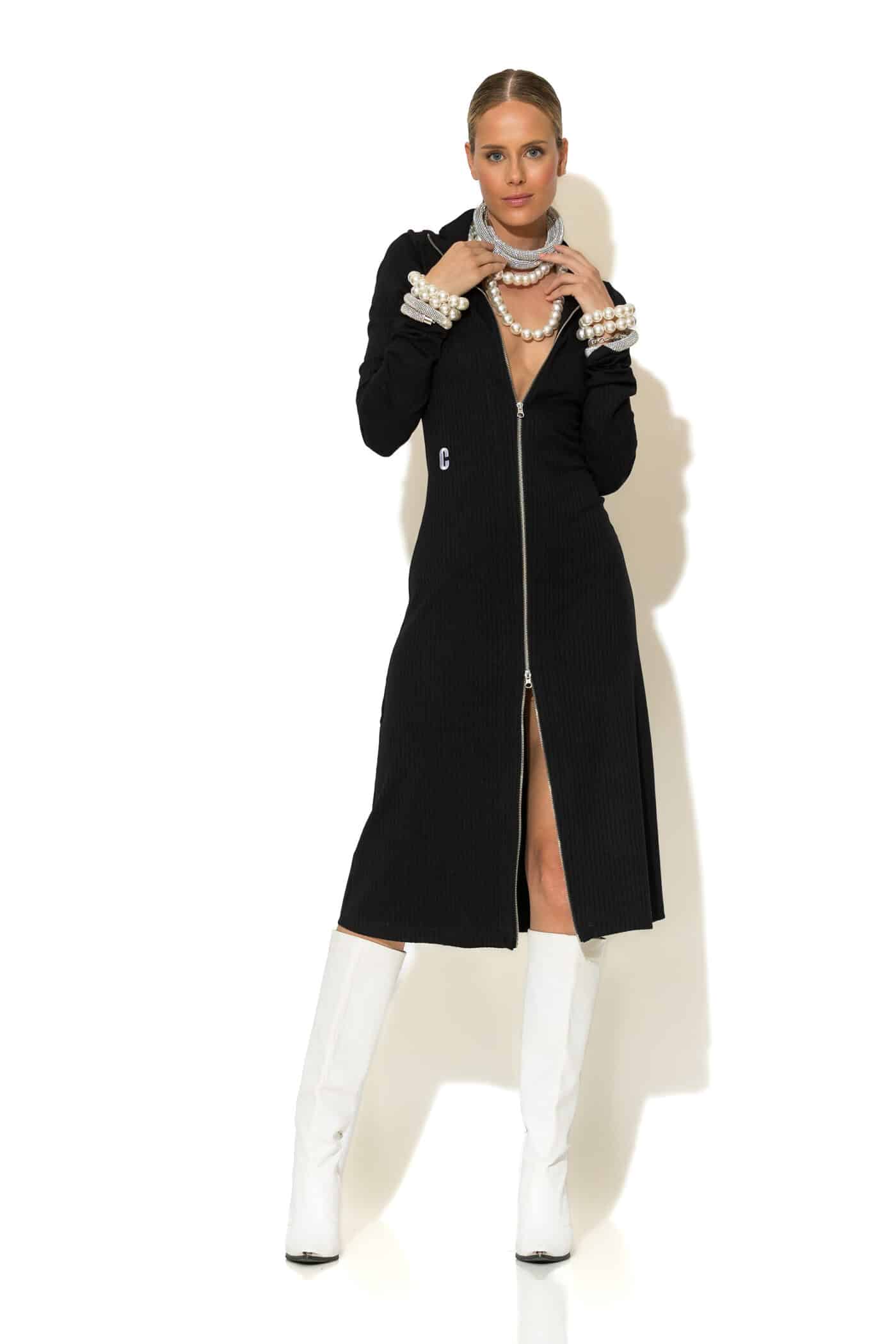 Ribbed-Knit Zip-Front Midi Dress in Black