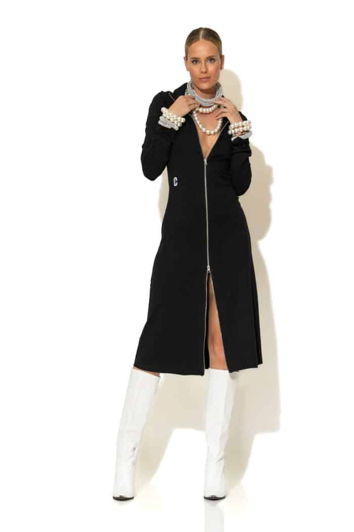 Ribbed-Knit Zip-Front Midi Dress in Black