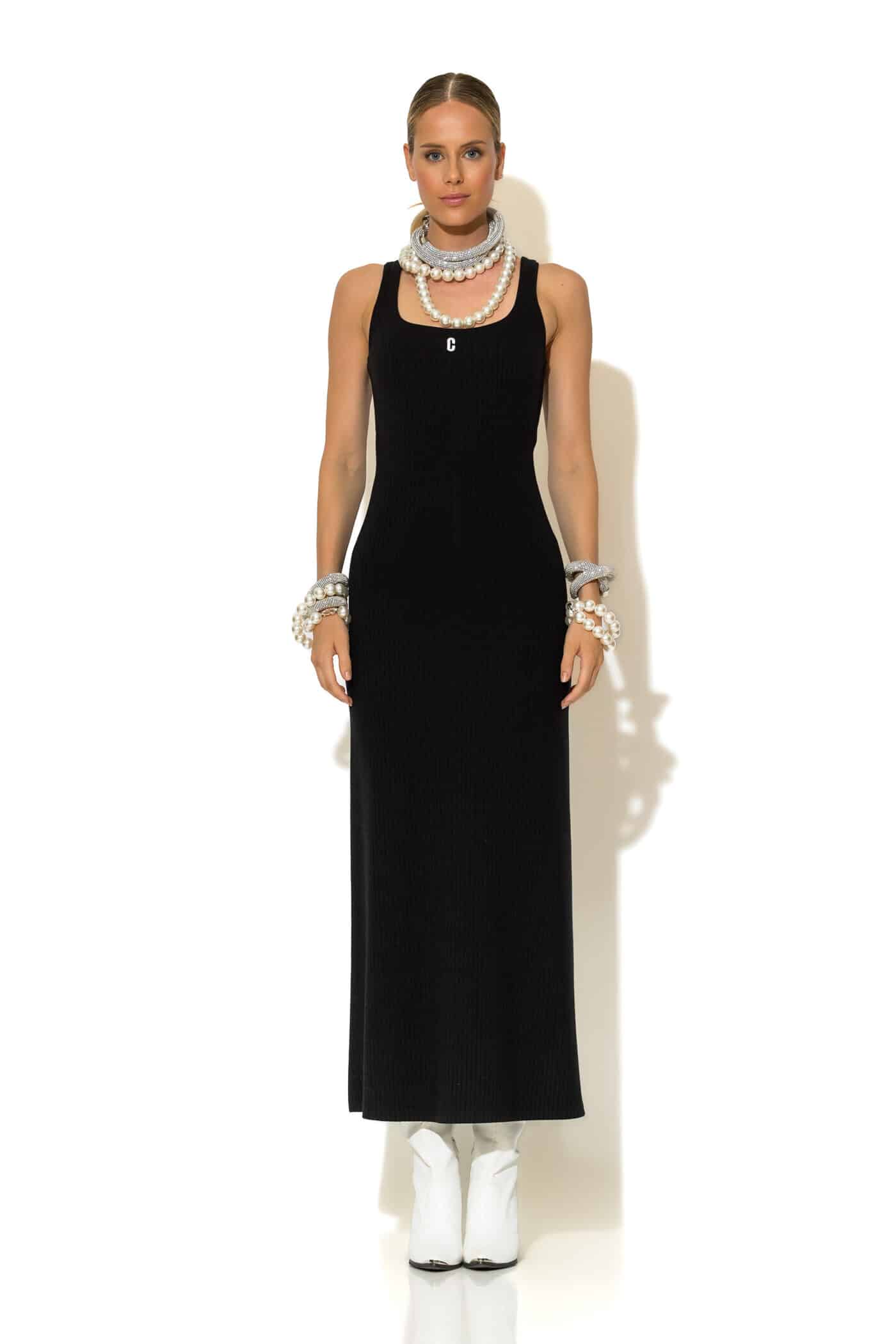 Logo embroidered ribbed-knit maxi dress