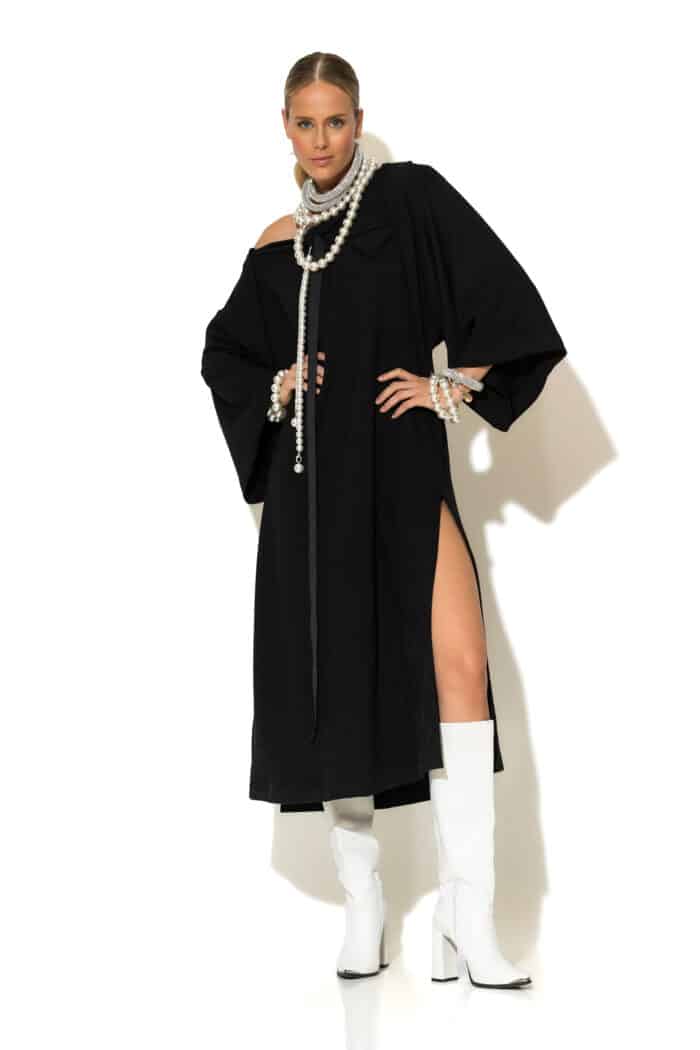 French Terry Long Cotton Dress with Decorative Neck Pearls & Crystals