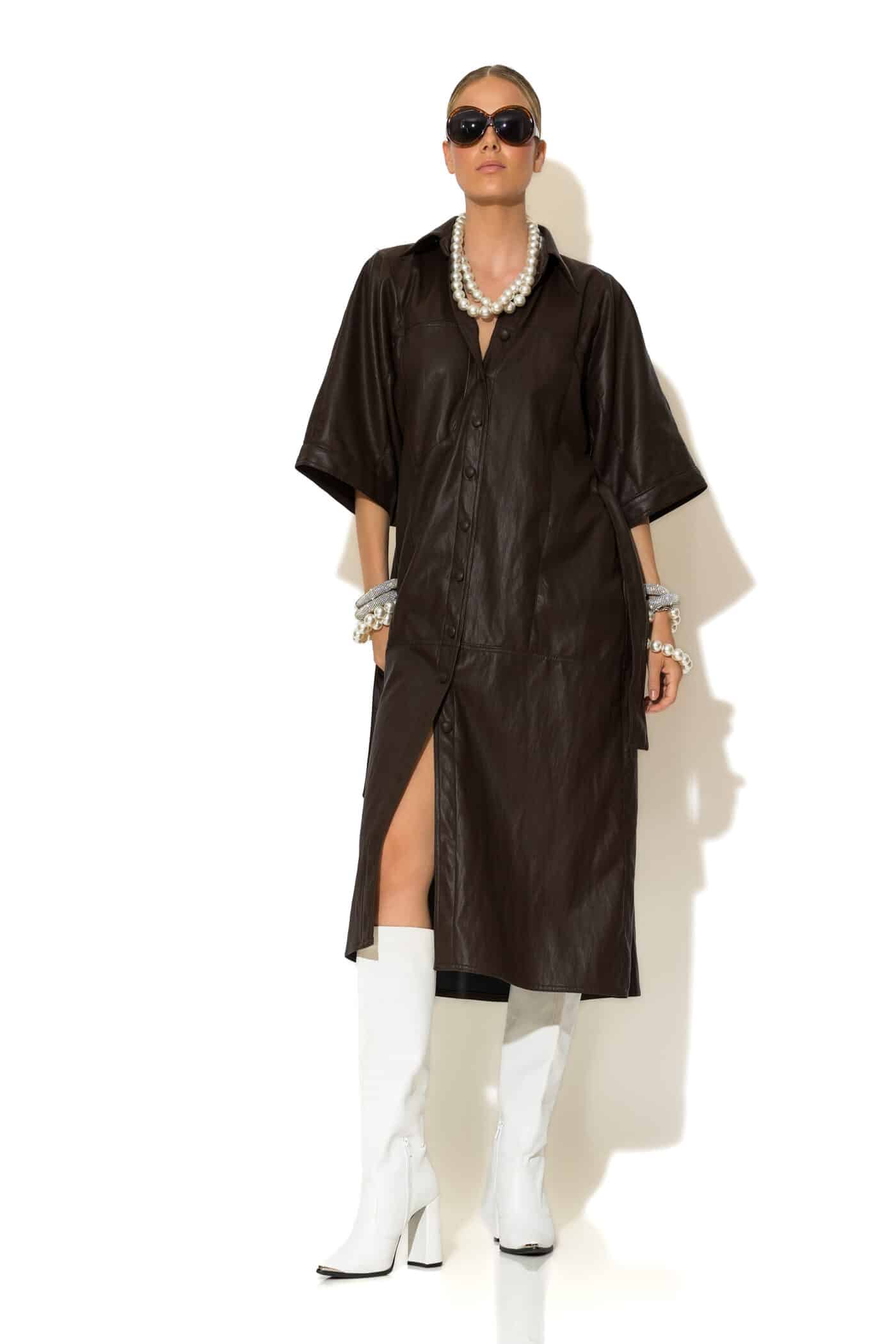 Faux Leather Midi Shirt Dress