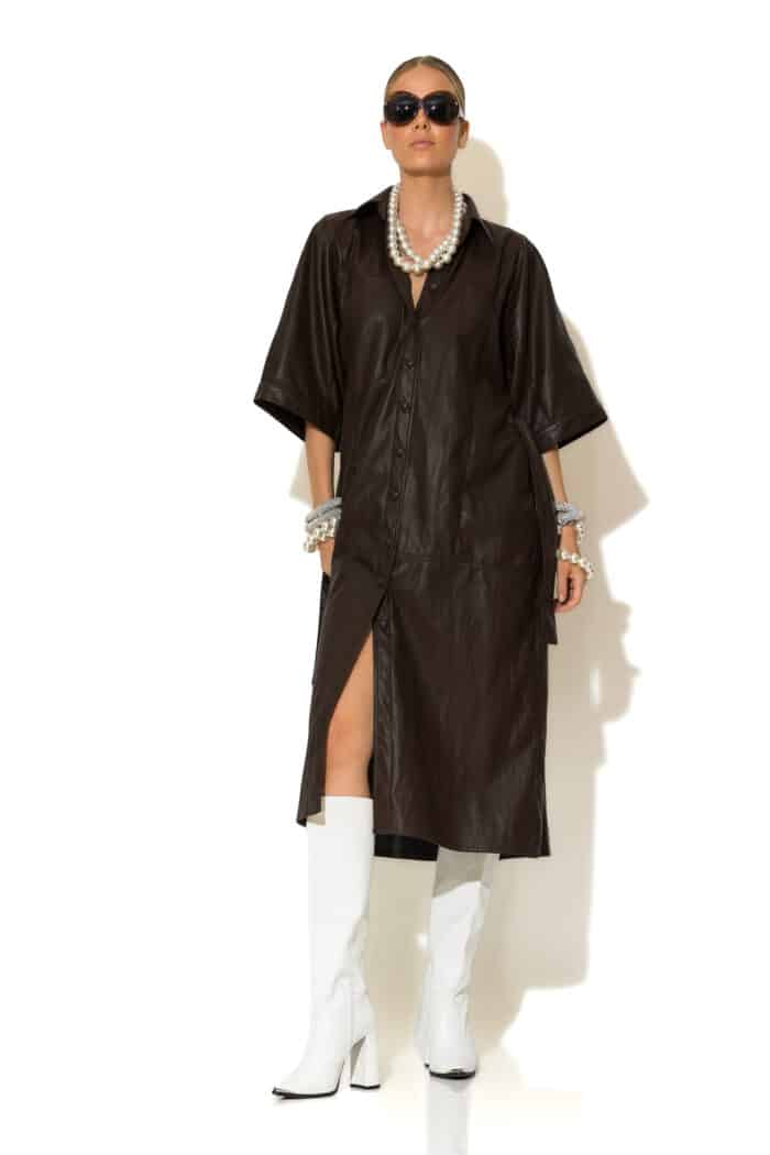 Faux Leather Midi Shirt Dress