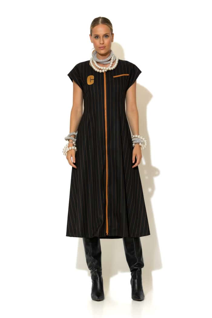 Woven Striped Midi Dress with Signature -C- Logo