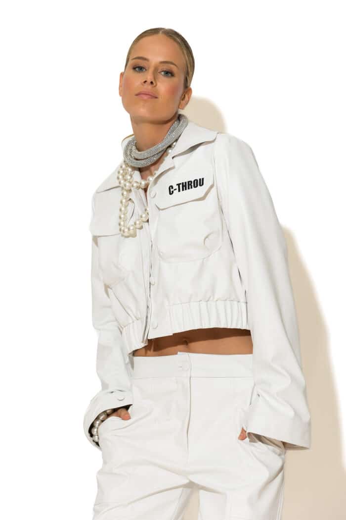 Logo Embroidered Faux Leather Crop Jacket