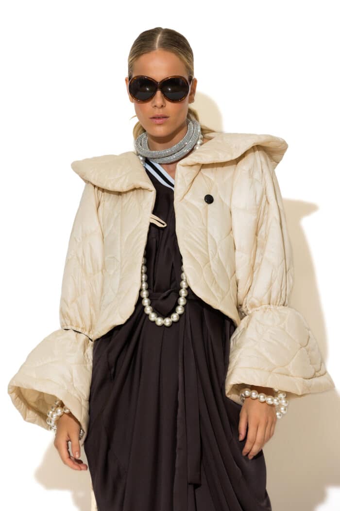 Ecru Cropped Puffer Jacket with Drawstring Sleeves