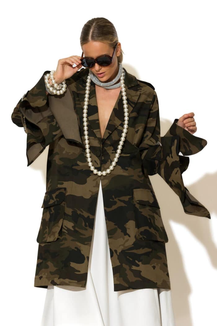 Crystal embellished Oversized Camo Print Trench Coat