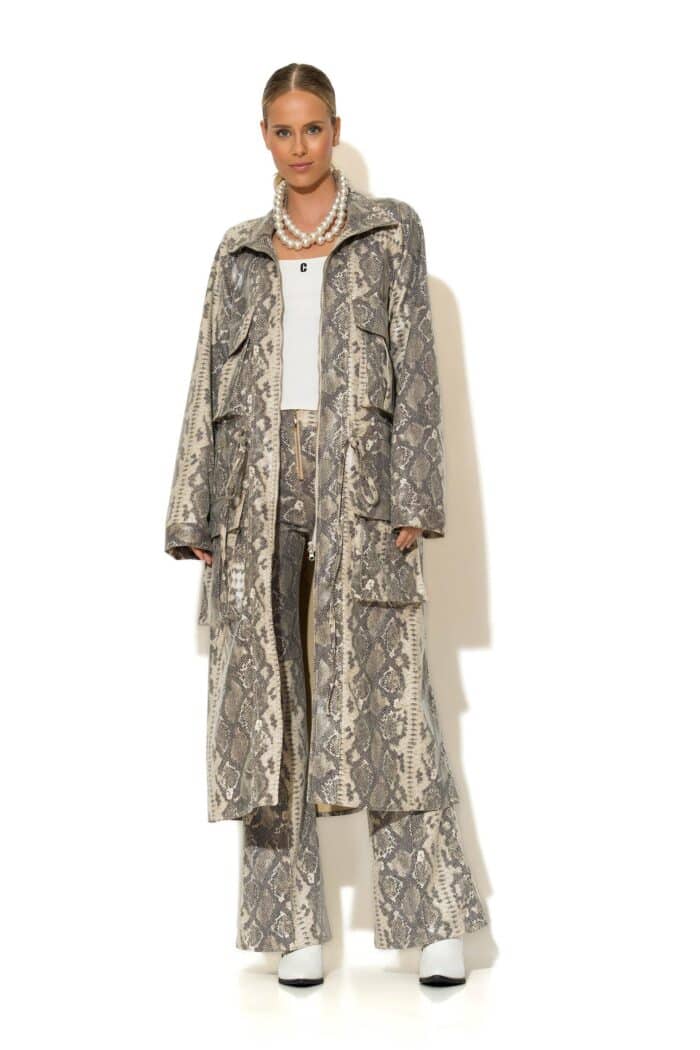 Snake print faux leather trench coat