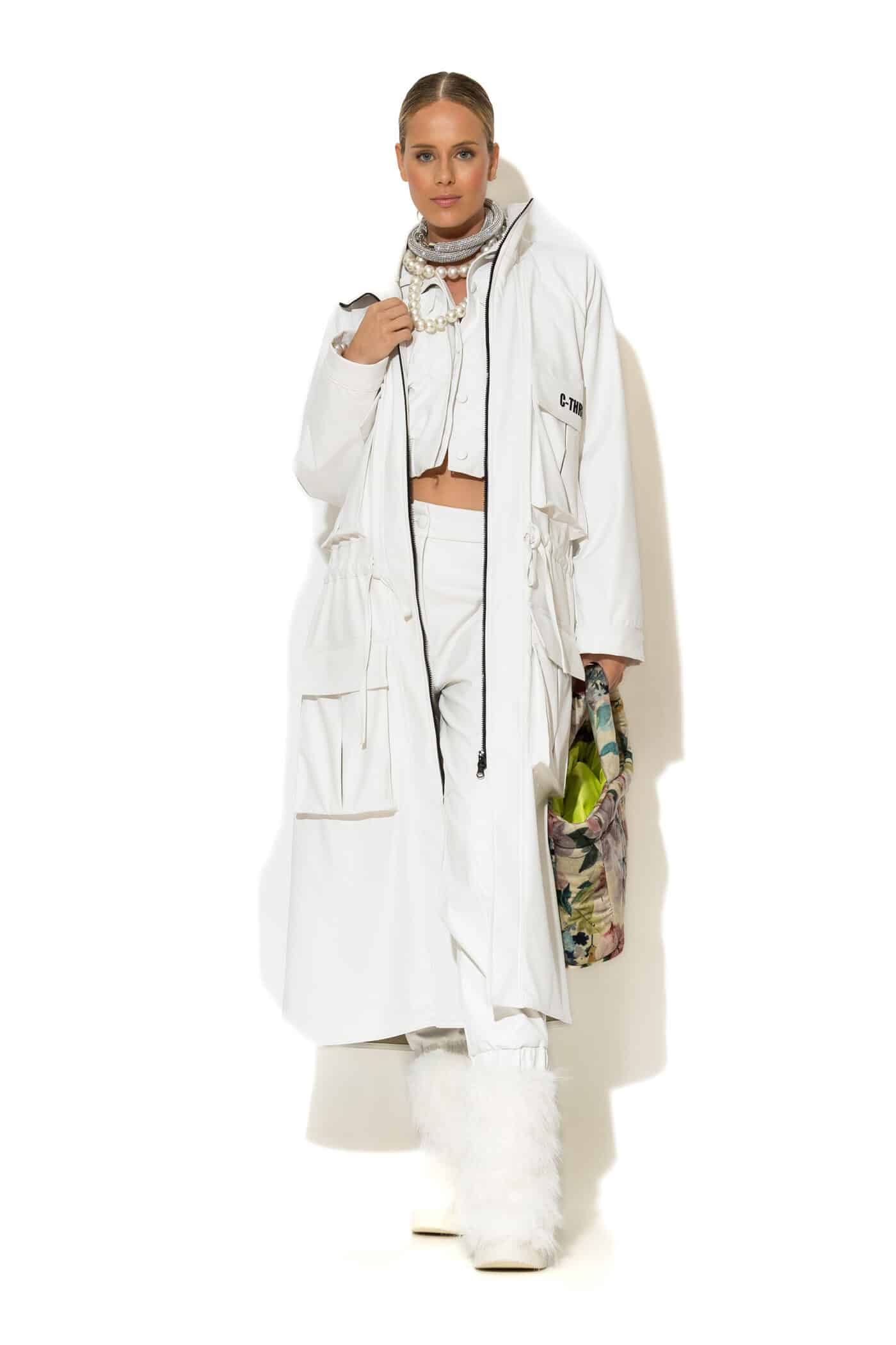 Oversized Logo Embroidered Faux Leather Trench Coat