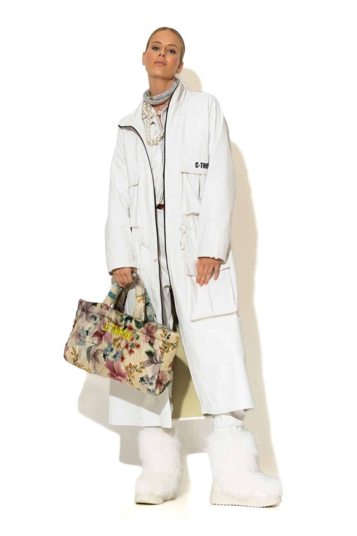 Oversized Logo Embroidered Faux Leather Trench Coat