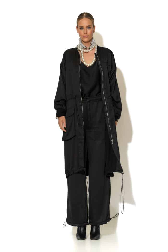 Oversized satin crepe trench-style coat with utility patch pockets