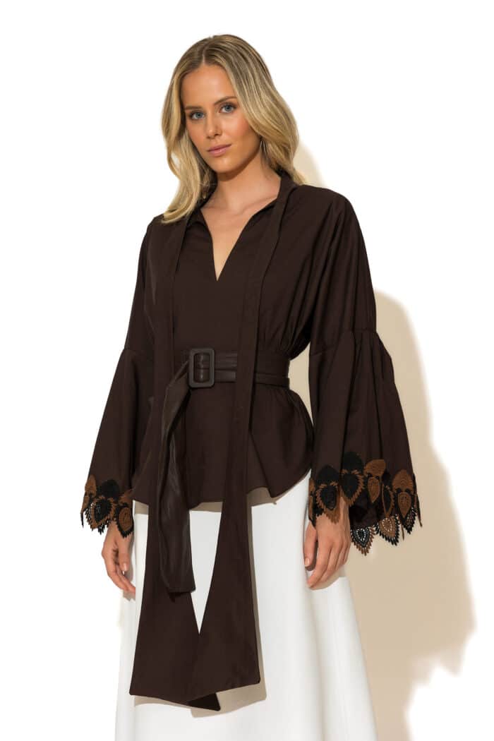 Boho Cotton Shirt with Scarf Collar and Lace Trimmed Sleeves