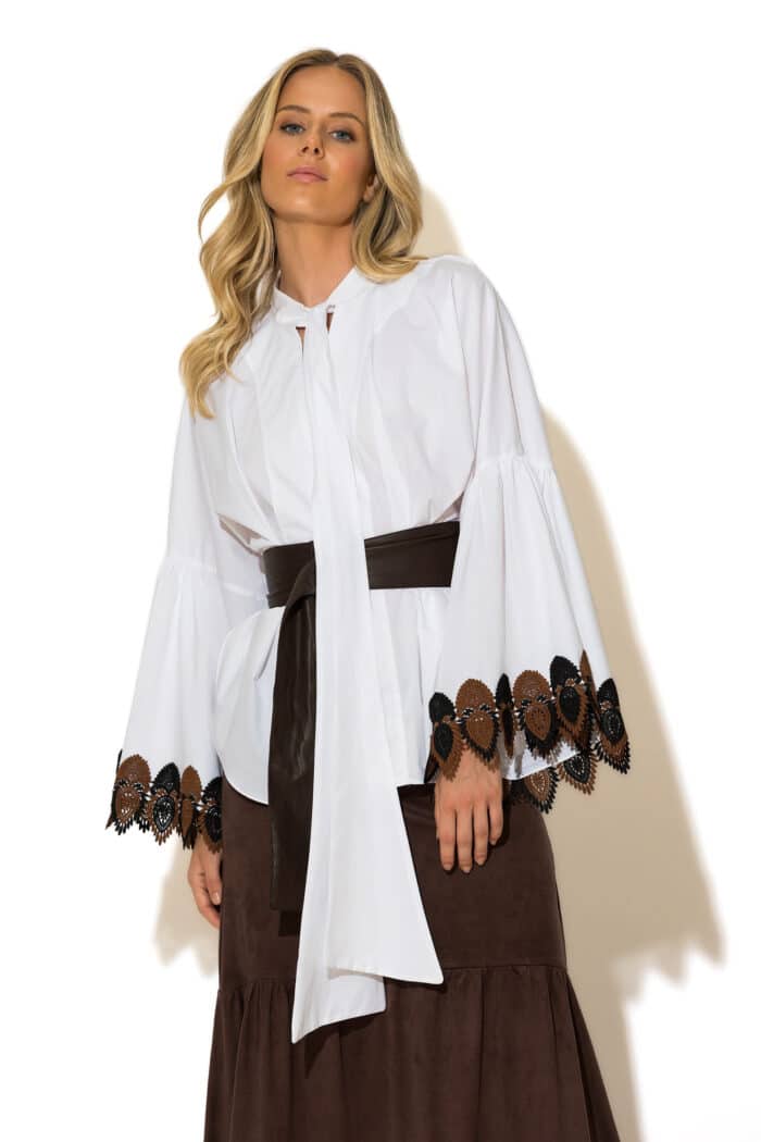 Boho Cotton Poplin Shirt with Scarf Collar and Lace Trimmed Sleeves