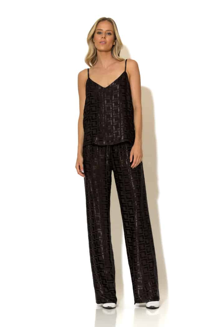 Satin jacquard wide leg pants with elasticated waist