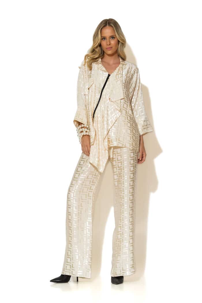 Satin jacquard wide leg pants with elasticated waist