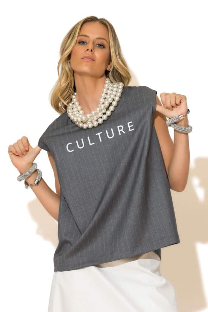 Culture logo Woven Striped Zip Back Top
