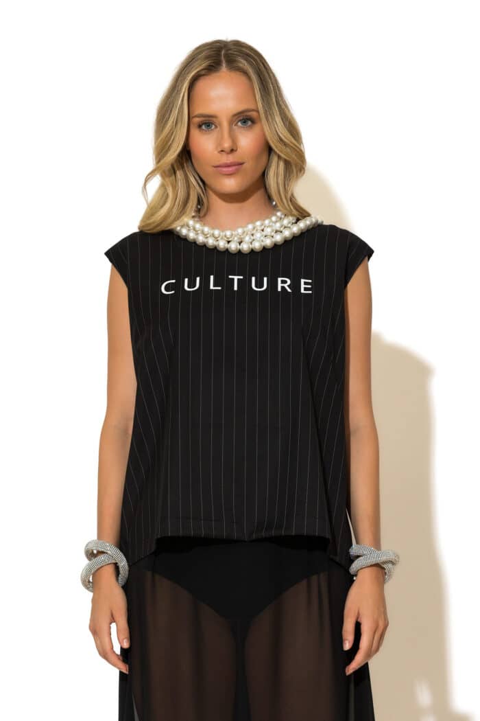 Culture logo Woven Striped Zip Back Top