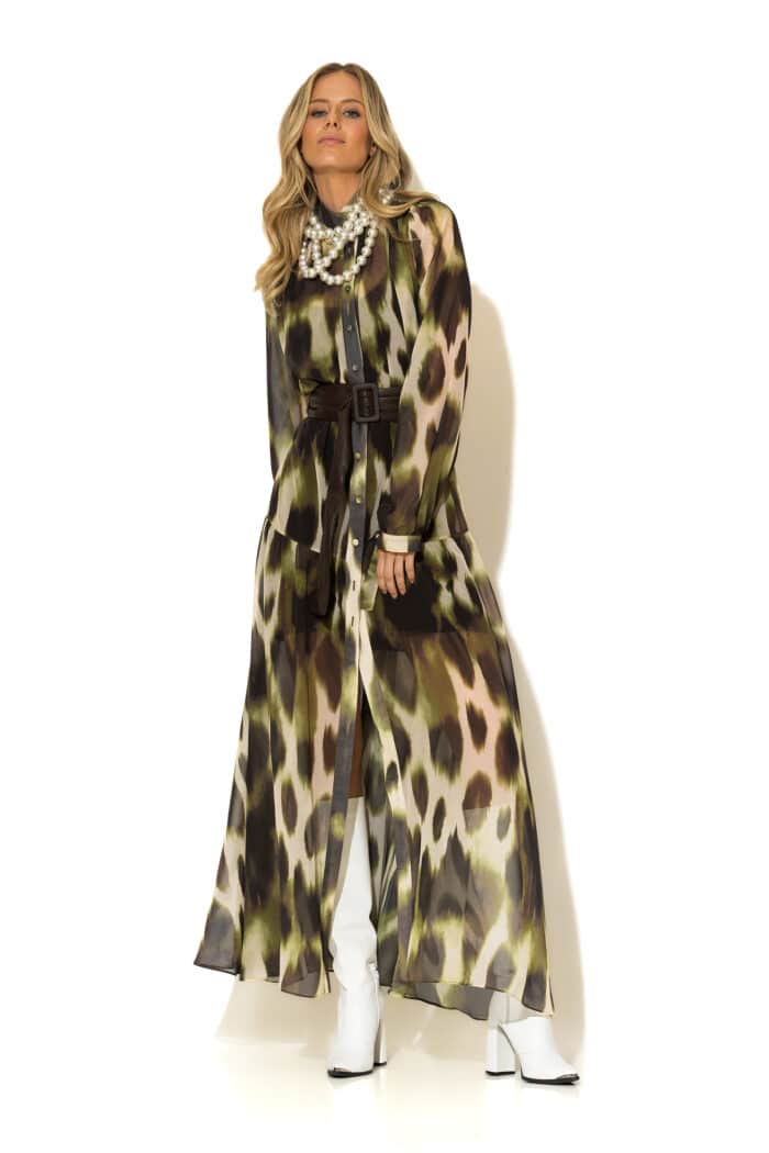 Maxi Printed Sheer Chiffon Shirt Dress