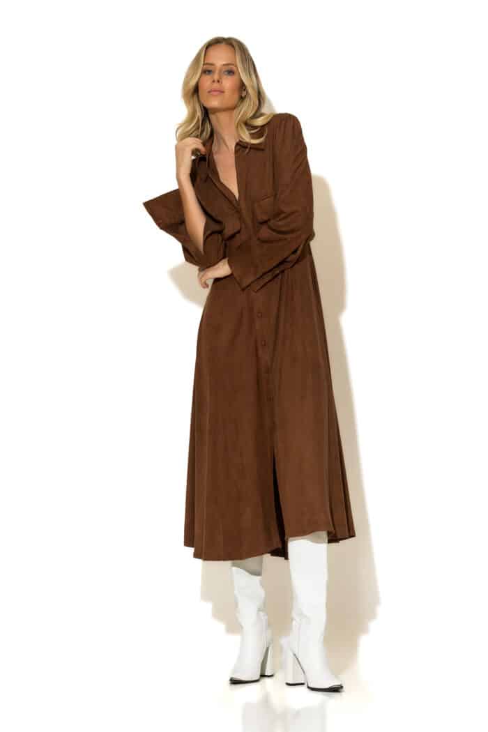 Tan Faux Suede Long Sleeve Midi Shirt Dress