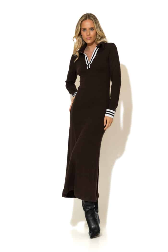Ribbed-Knit Midi Dress with Striped Details