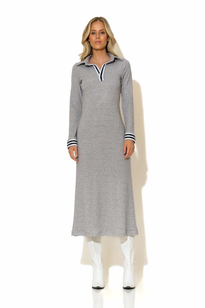 Ribbed-Knit Midi Dress with Striped Details