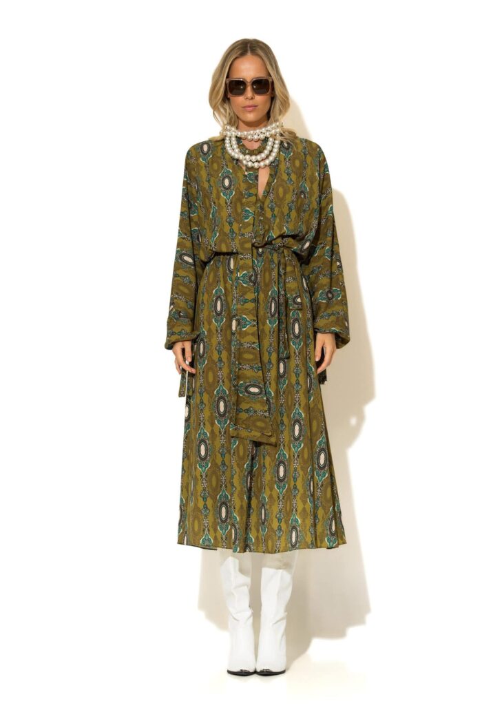 Printed Crepe Midi Dress with wrap bustier and Bow Tie Collar