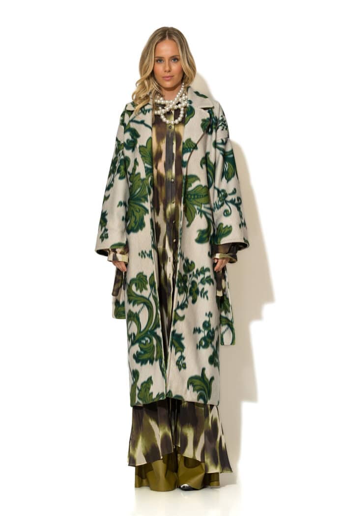 Long Printed Velour Belted Coat in Green