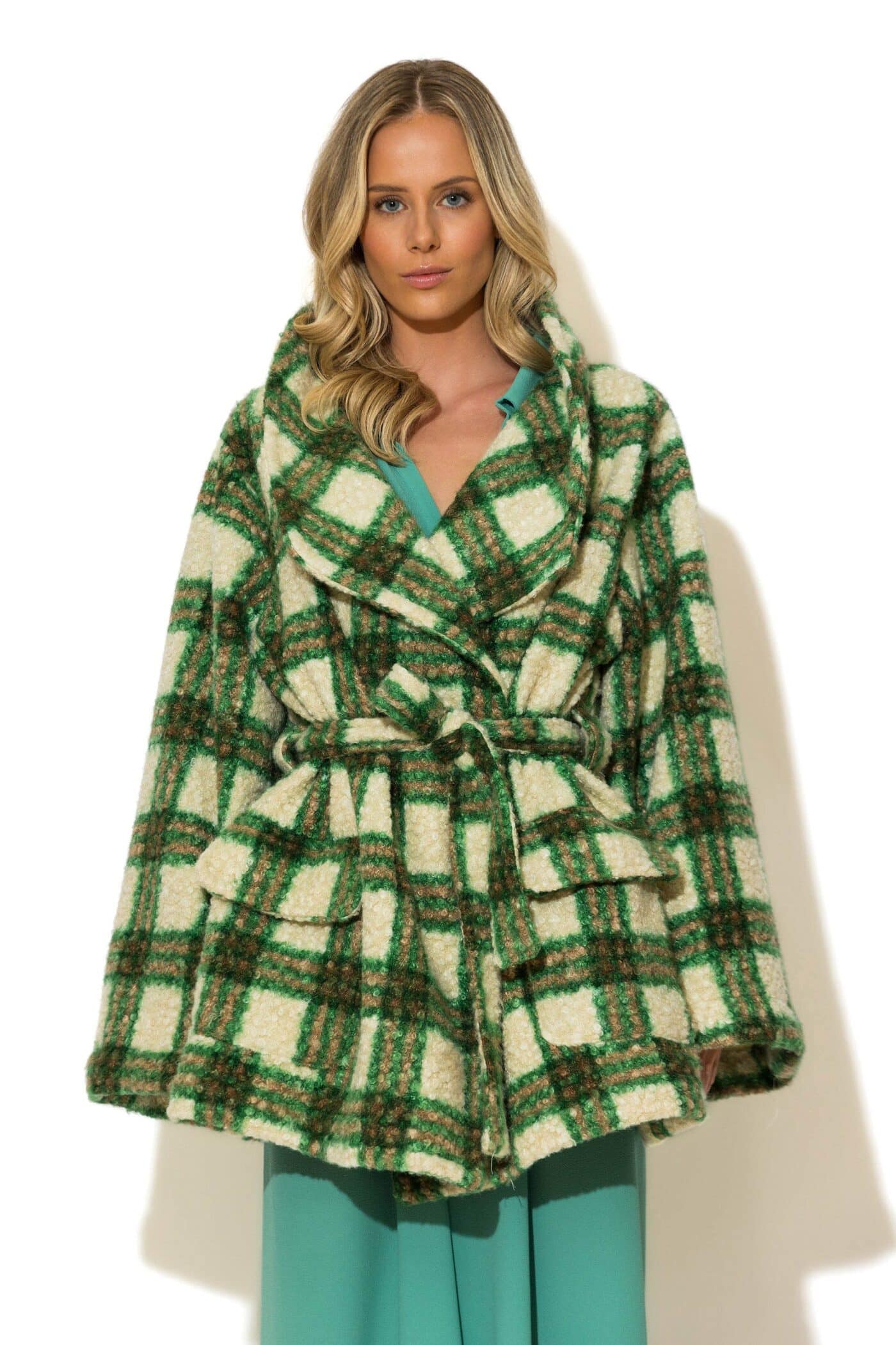 Belted Checked Boucle Coat